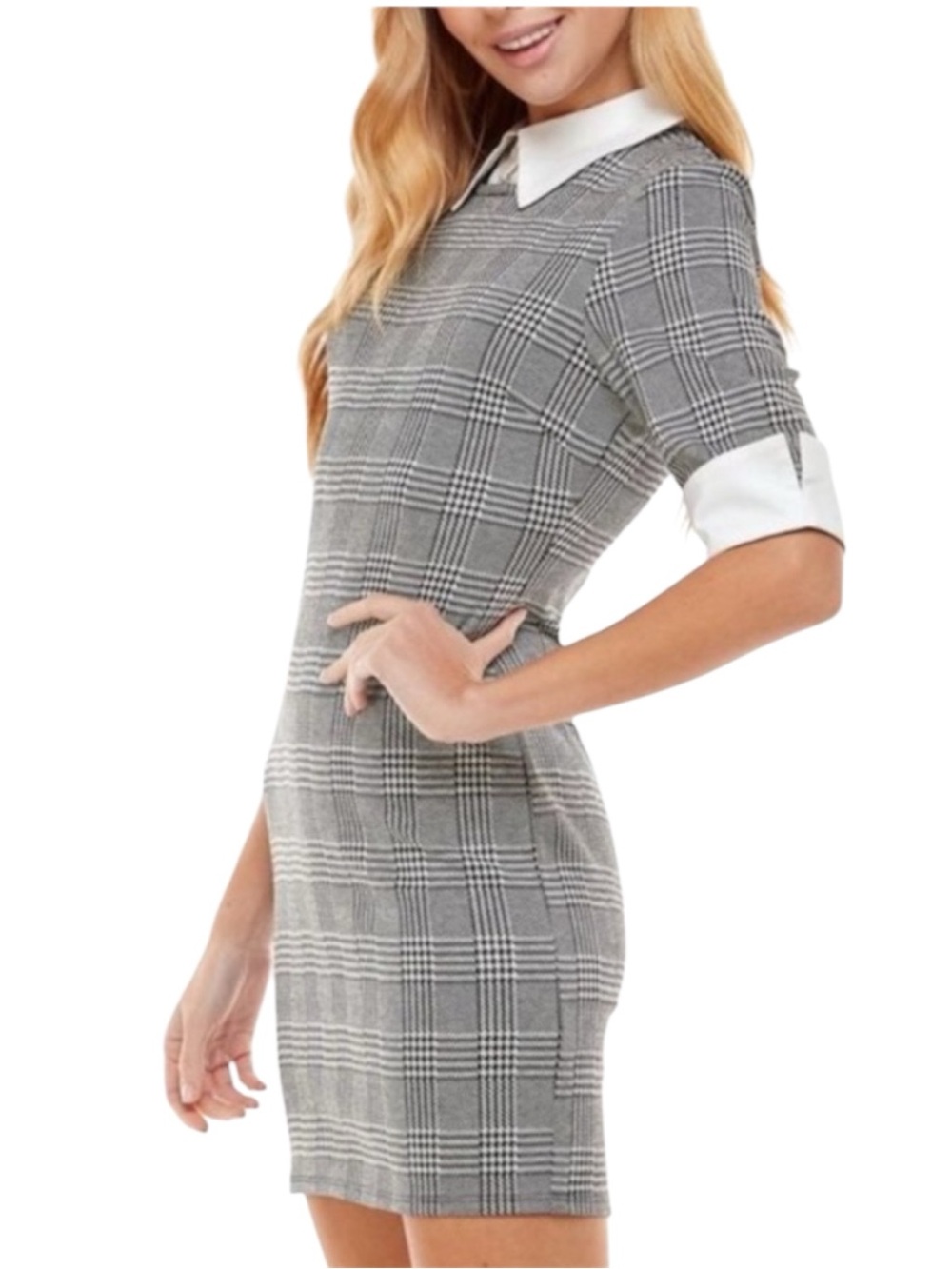 Kingston Grey Plaid Shift Dress with White Collar and Cuffs Pencil